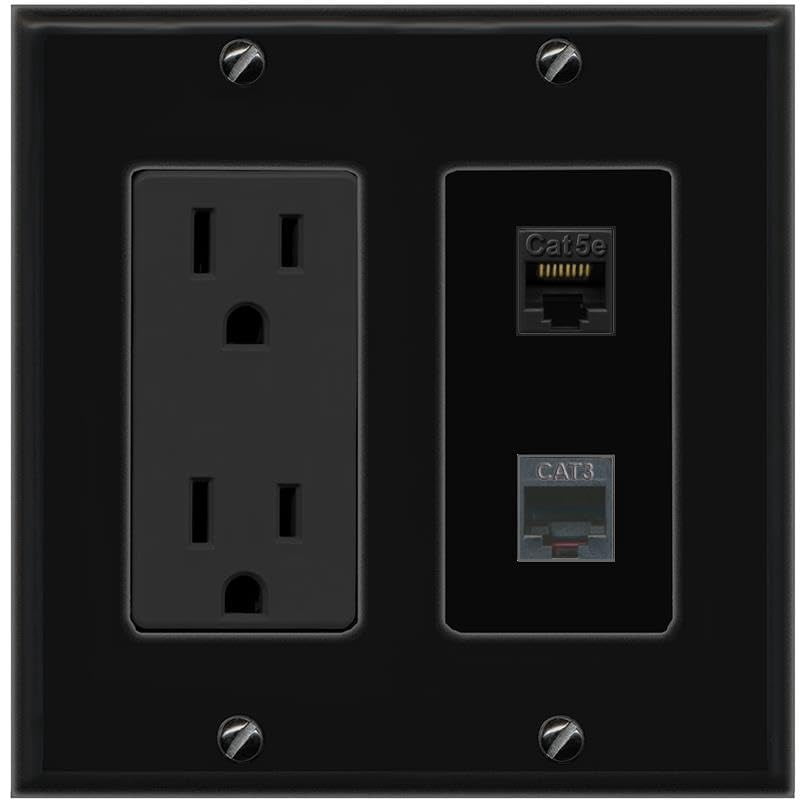 RiteAV 15A Power Outlet 1 Port CAT5E 1 Phone Jack Decorative Wall Plate [Black]