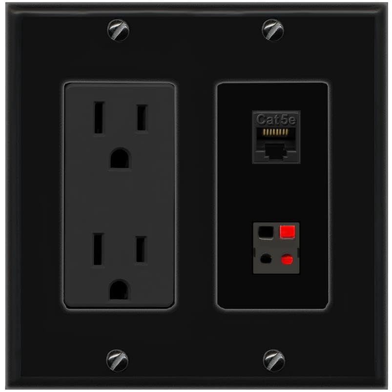 RiteAV 15A Power Outlet 1 Port CAT5E 1 Speaker Jack Decorative Wall Plate [Black]
