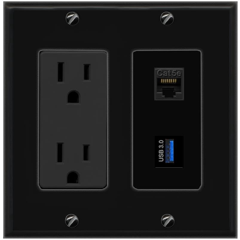 RiteAV 15A Power Outlet 1 Port CAT5E 1 USB-3 Jack Decorative Wall Plate [Black]