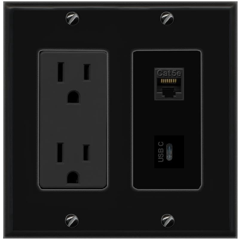RiteAV 15A Power Outlet 1 Port CAT5E 1 USBC Jack Decorative Wall Plate [Black]