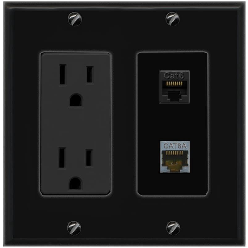 RiteAV 15A Power Outlet 1 Port CAT6 1 CAT6A Jack Decorative Wall Plate [Black]
