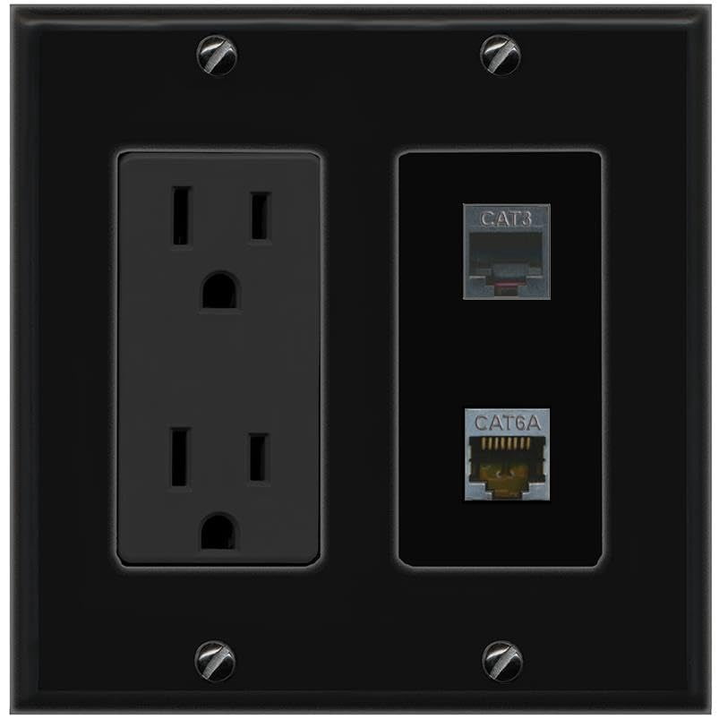 RiteAV 15A Power Outlet 1 Port CAT6A 1 Phone Jack Decorative Wall Plate [Black]