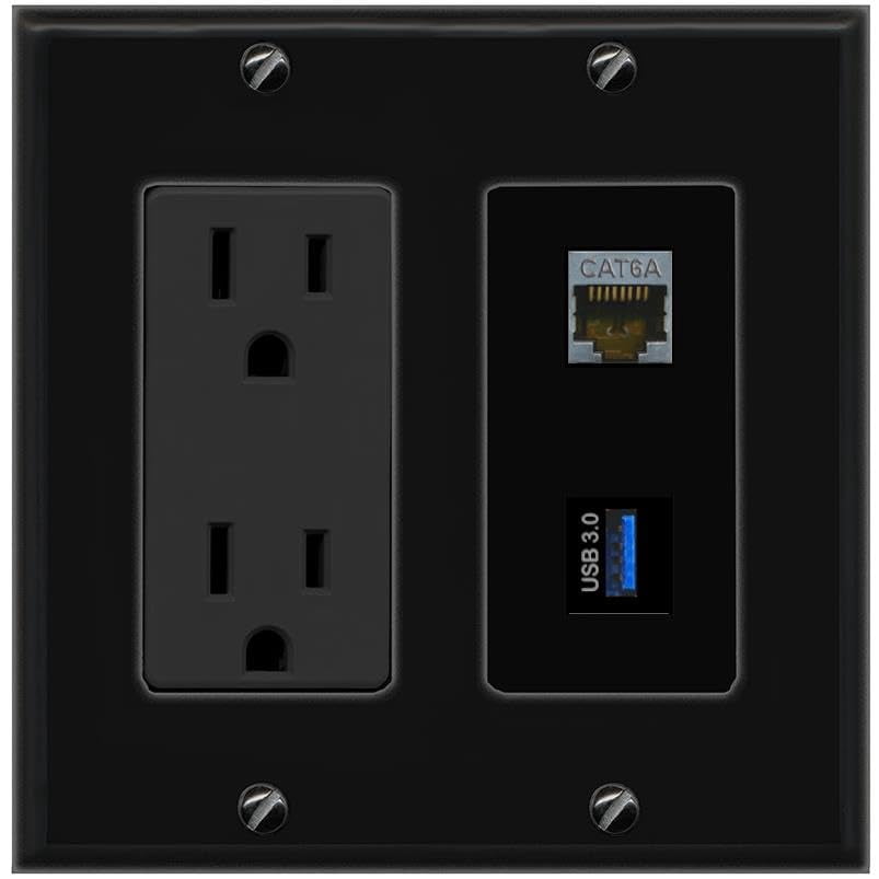 RiteAV 15A Power Outlet 1 Port CAT6A 1 USB-3 Jack Decorative Wall Plate [Black]