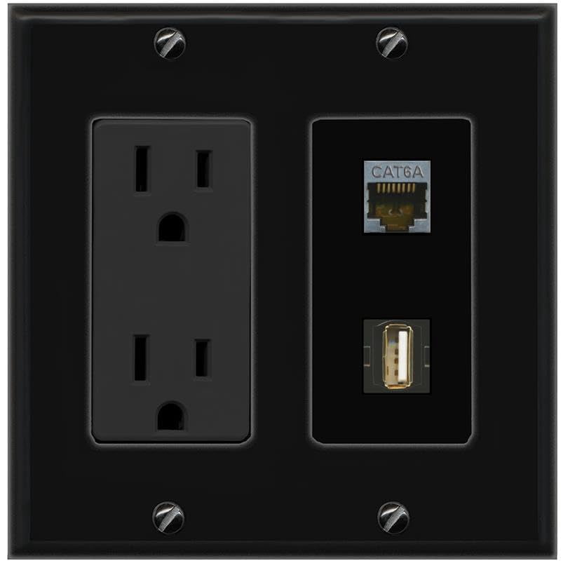 RiteAV 15A Power Outlet 1 Port CAT6A 1 USB2 Jack Decorative Wall Plate [Black]