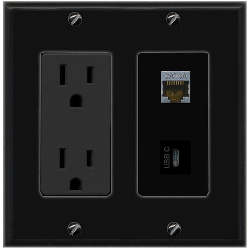 RiteAV 15A Power Outlet 1 Port CAT6A 1 USBC Jack Decorative Wall Plate [Black]