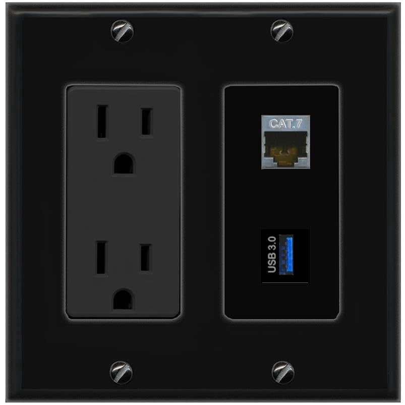 RiteAV 15A Power Outlet 1 Port CAT7 1 USB-3 Jack Decorative Wall Plate [Black]