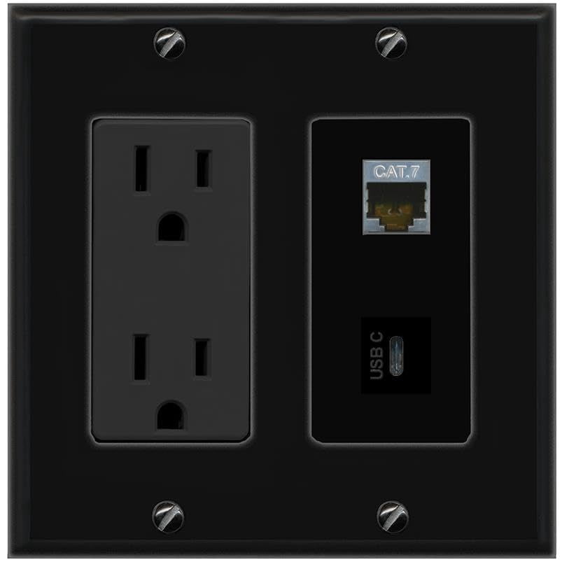 RiteAV 15A Power Outlet 1 Port CAT7 1 USBC Jack Decorative Wall Plate [Black]