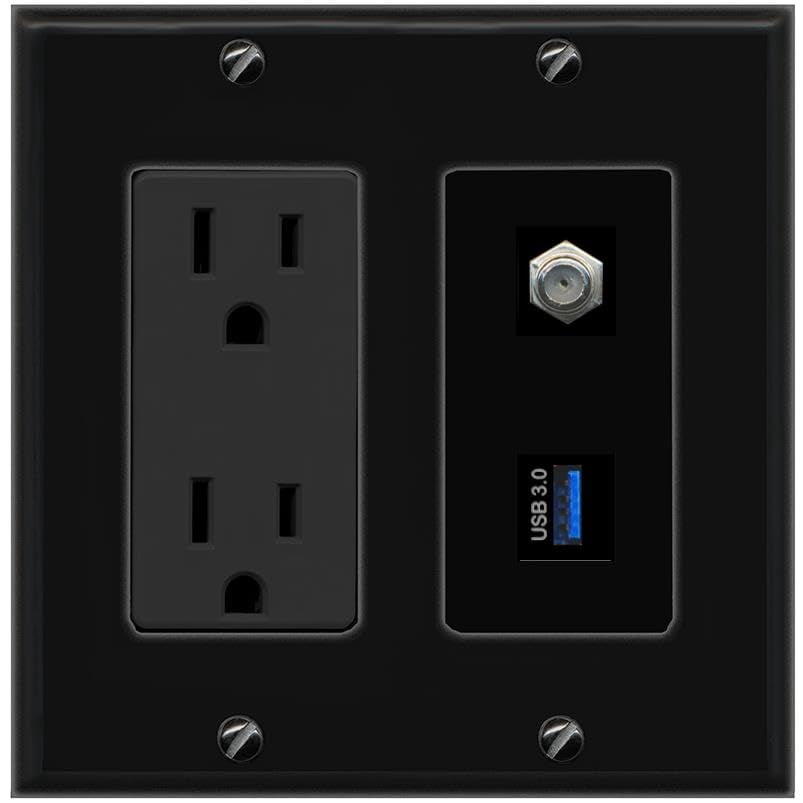 RiteAV 15A Power Outlet 1 Port Coax 1 USB-3 Jack Decorative Wall Plate [Black]