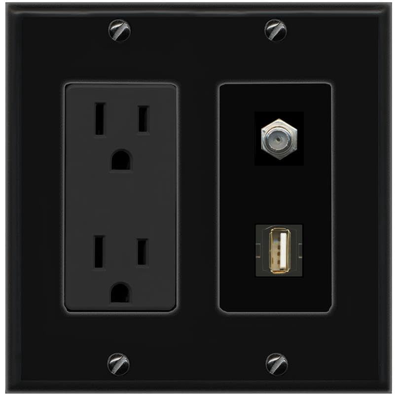 RiteAV 15A Power Outlet 1 Port Coax 1 USB2 Jack Decorative Wall Plate [Black]