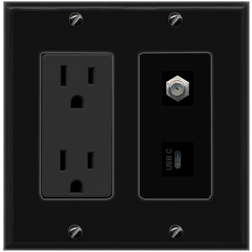 RiteAV 15A Power Outlet 1 Port Coax 1 USBC Jack Decorative Wall Plate [Black]
