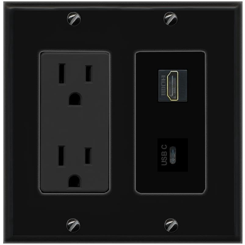RiteAV 15A Power Outlet 1 Port HDMI 1 USBC Jack Decorative Wall Plate [Black]