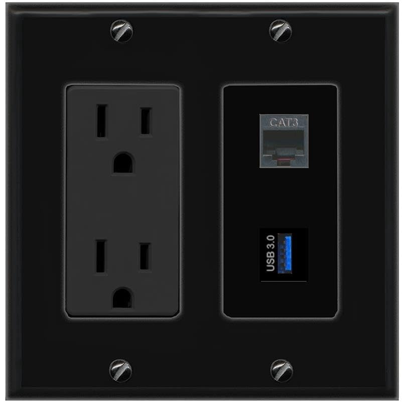 RiteAV 15A Power Outlet 1 Port Phone 1 USB-3 Jack Decorative Wall Plate [Black]
