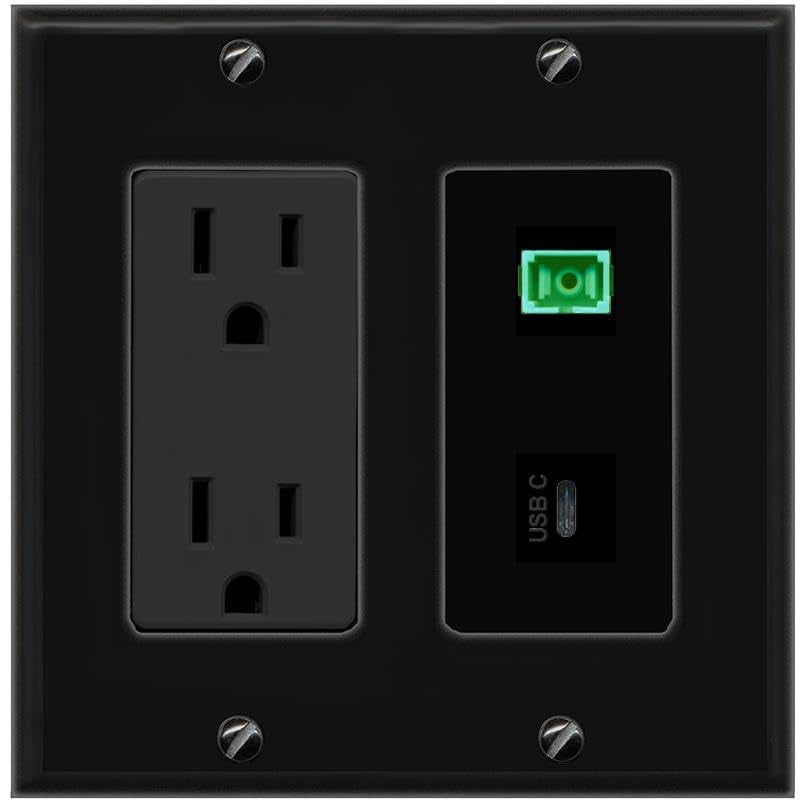 RiteAV 15A Power Outlet 1 Port SC-APC-Simplex 1 USBC Jack Decorative Wall Plate [Black]