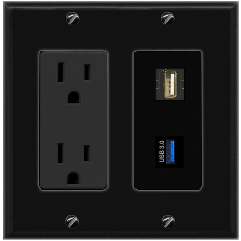 RiteAV 15A Power Outlet 1 Port USB-3 1 USB2 Jack Decorative Wall Plate [Black]