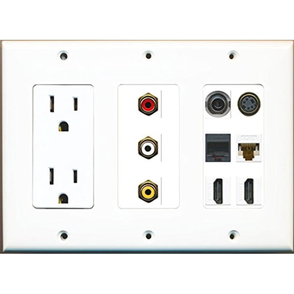 RiteAV 15A Power Outlet 2 HDMI Cat6 Composite 3.5mm Phone S-Video Wall Plate