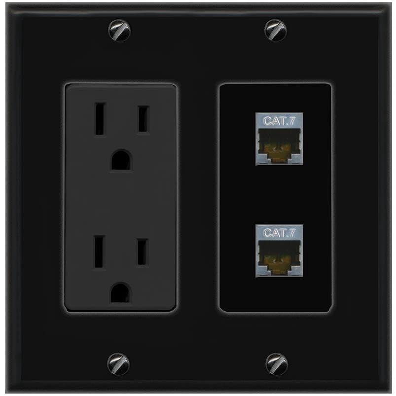 RiteAV 15A Power Outlet 2 Port CAT7 Jack Decorative Wall Plate [Black]