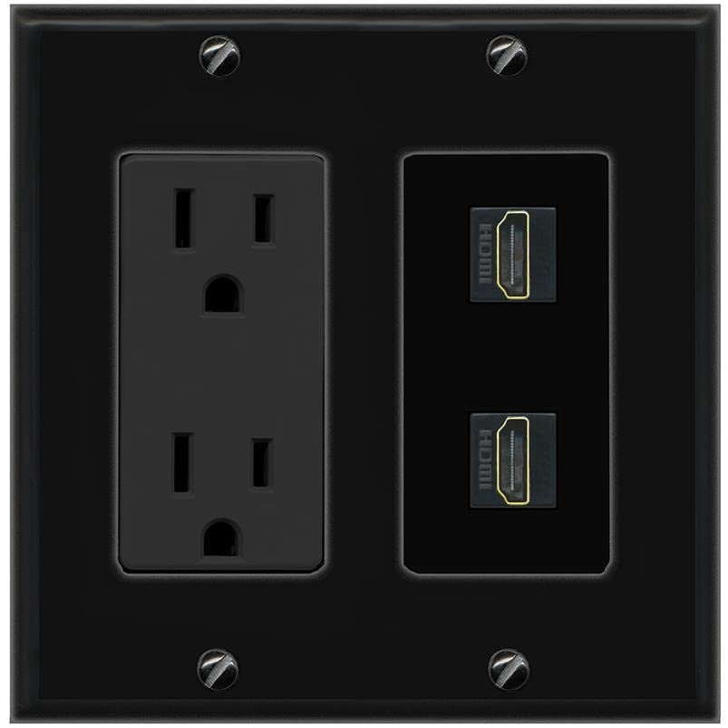 RiteAV 15A Power Outlet 2 Port HDMI Jack Decorative Wall Plate [Black]