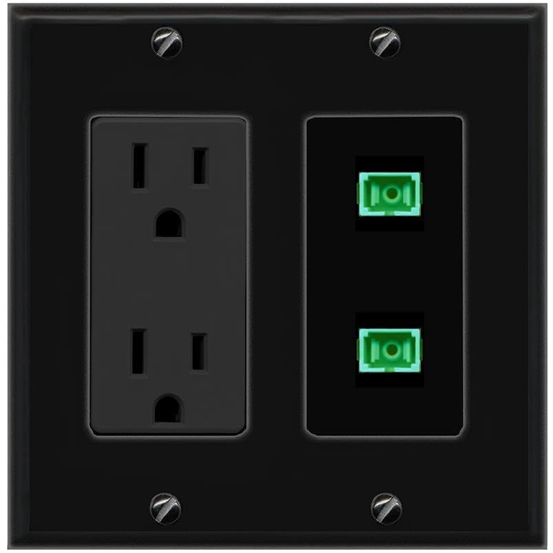 RiteAV 15A Power Outlet 2 Port SC-APC-Simplex Jack Decorative Wall Plate [Black]