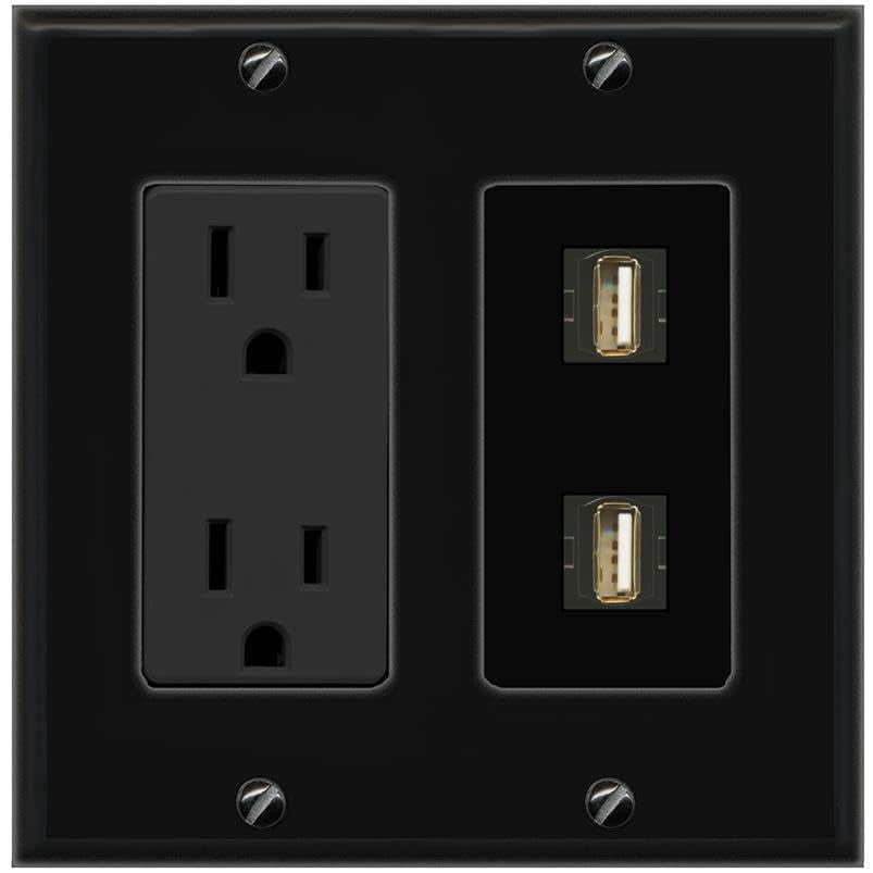 RiteAV 15A Power Outlet 2 Port USB2 Jack Decorative Wall Plate [Black]