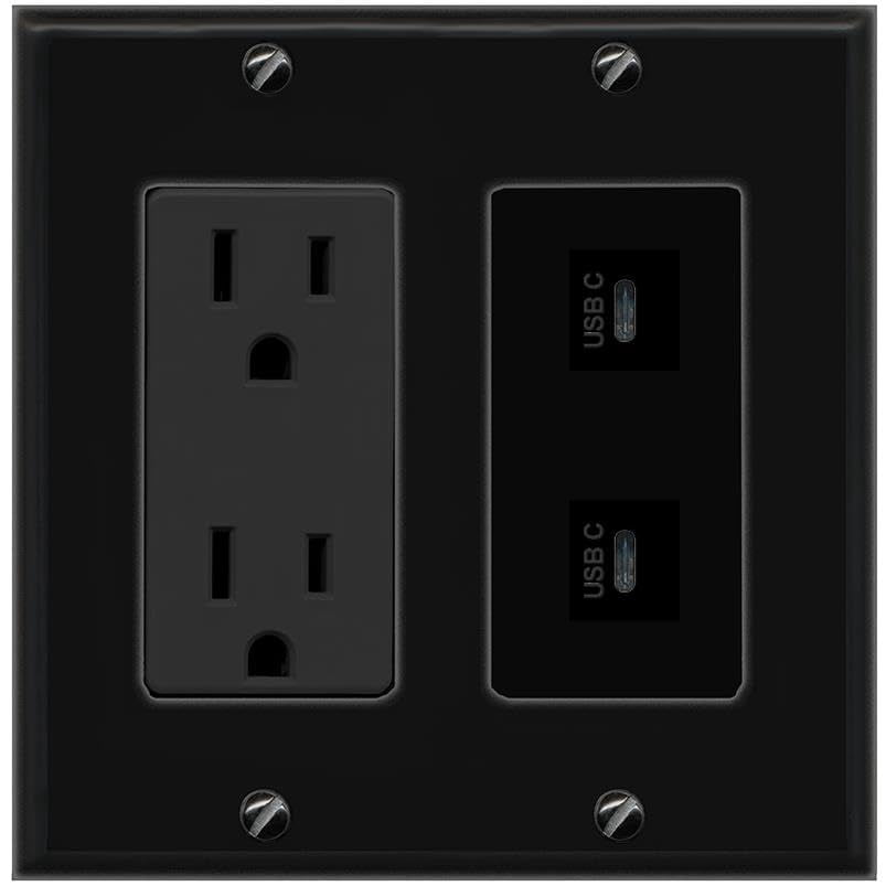 RiteAV 15A Power Outlet 2 Port USBC Jack Decorative Wall Plate [Black]
