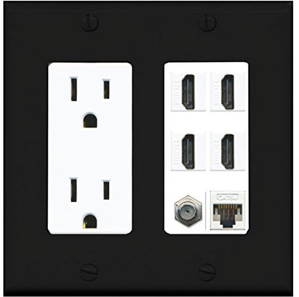 RiteAV 15A Power Outlet, 4 HDMI, 1 Cat5e 1 Coax Cable TV Wall Plate Black/White