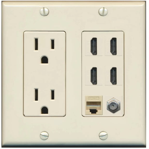 Riteav 15A Power Outlet, 4 HDMI, 1 Cat5e Ethernet, 1 Coax Cable TV Wall Plate