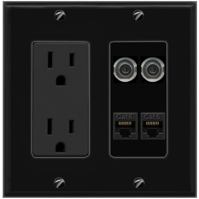 RiteAV 2 3.5mm 2 CAT6 Wall Plate with 15A Power Outlet [Black]