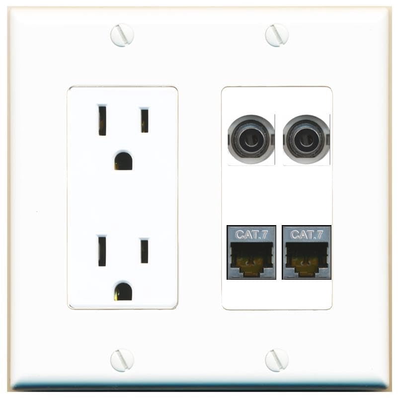 RiteAV 2 3.5mm 2 CAT7 Wall Plate with 15A Power Outlet [White]