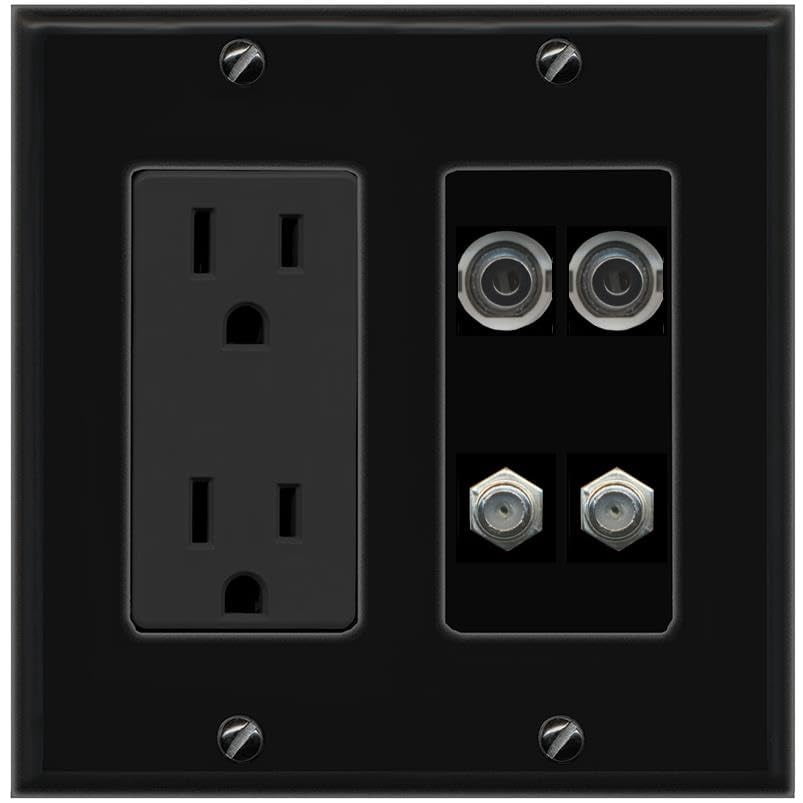 RiteAV 2 3.5mm 2 Coax Wall Plate with 15A Power Outlet [Black]