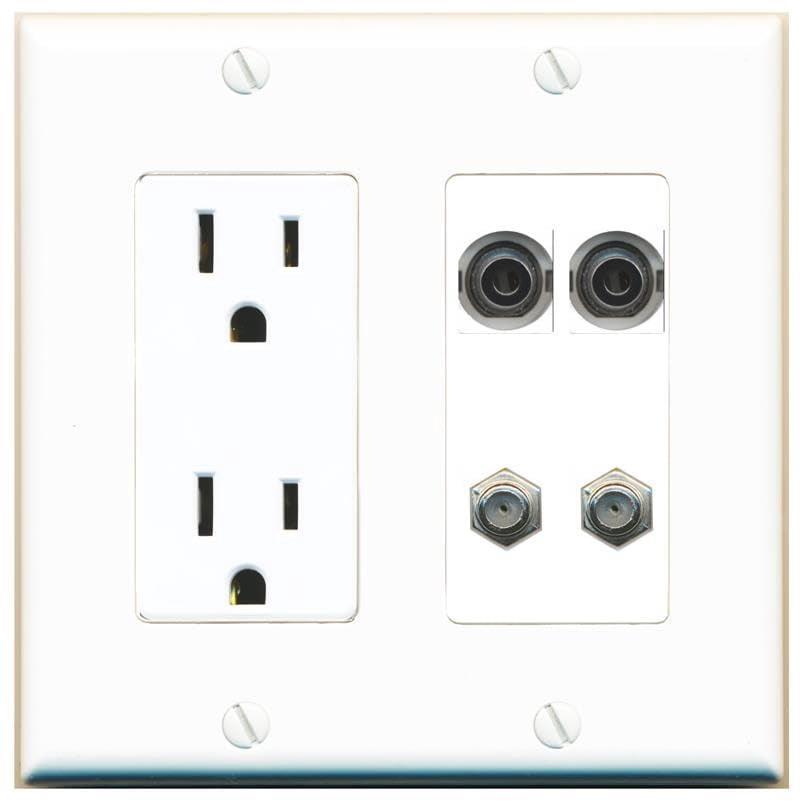 RiteAV 2 3.5mm 2 Coax Wall Plate with 15A Power Outlet [White]