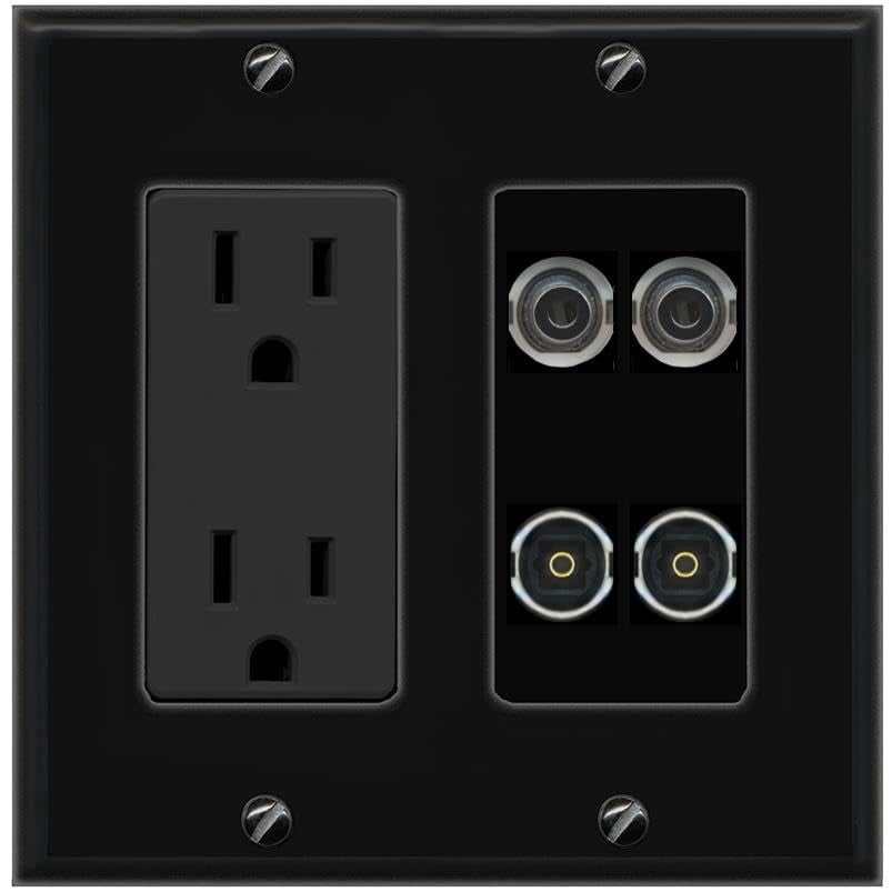 RiteAV 2 3.5mm 2 TOSLINK Wall Plate with 15A Power Outlet [Black]