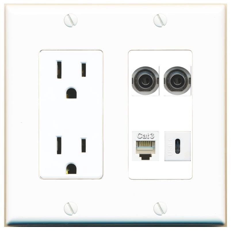 RiteAV 2 3.5mm Phone USBC Wall Plate with 15A Power Outlet [White]