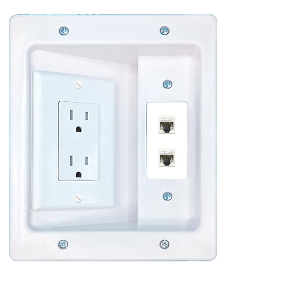RiteAV 2 CAT5E Recessed Wall Plate Cable Concealer Management Kit with Power Outlet Hides Cords and Cables