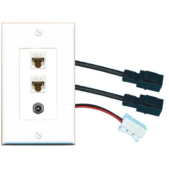 RiteAV 2 CAT6 DC-Power Wall Plate with Pigtail Dongle Extension White