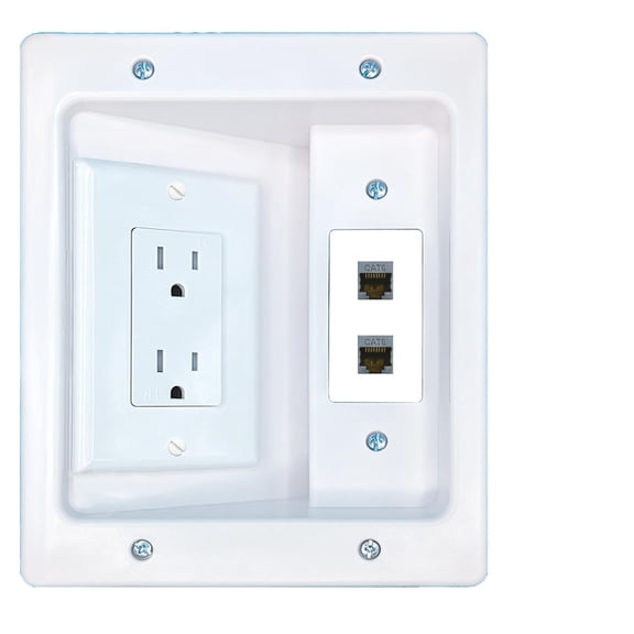 RiteAV 2 CAT6-SHIELDED Recessed Wall Plate Cable Concealer Management Kit with Power Outlet Hides Cords and Cables