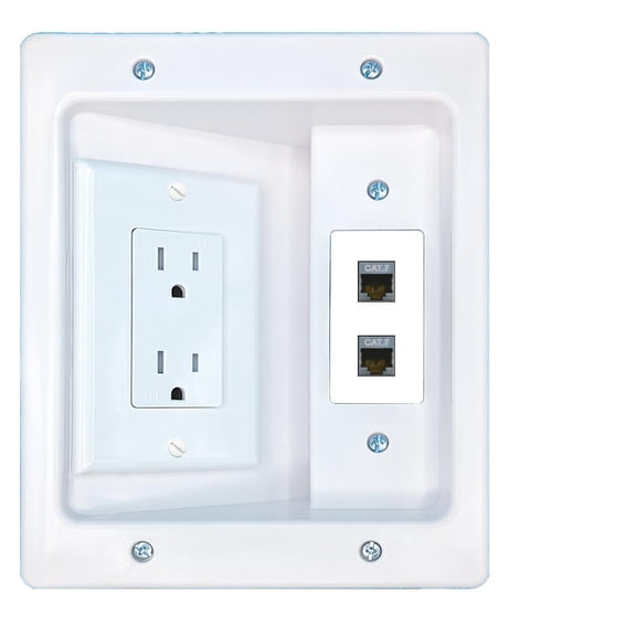 RiteAV 2 CAT7 Recessed Wall Plate Cable Concealer Management Kit with Power Outlet Hides Cords and Cables