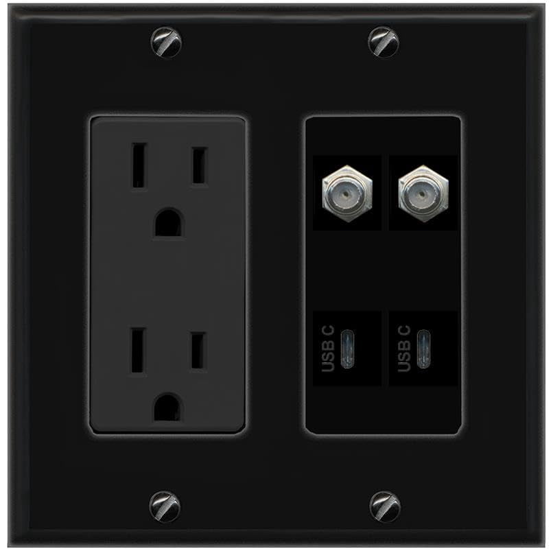 RiteAV 2 Coax 2 USBC Wall Plate with 15A Power Outlet [Black]