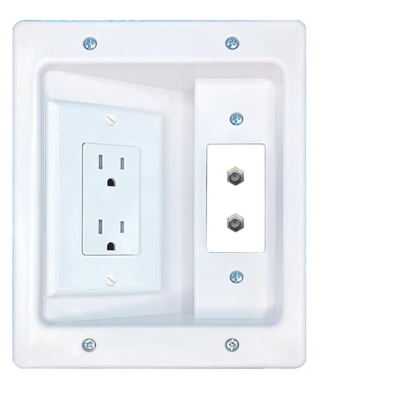 RiteAV 2 Coax Recessed Wall Plate Cable Concealer Management Kit with Power Outlet Hides Cords and Cables