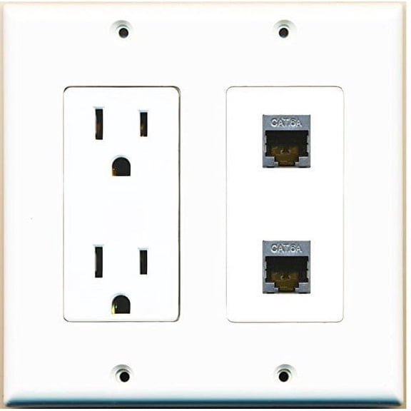 RiteAV - (2 Gang Decorative 15 Amp 125 Volt Power Outlet and 2 Cat6a Wall Plate White