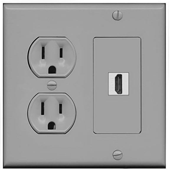 RiteAV (2 Gang Decorative) 15 Amp Round Power Outlet HDMI TV Wall Plate - Gray