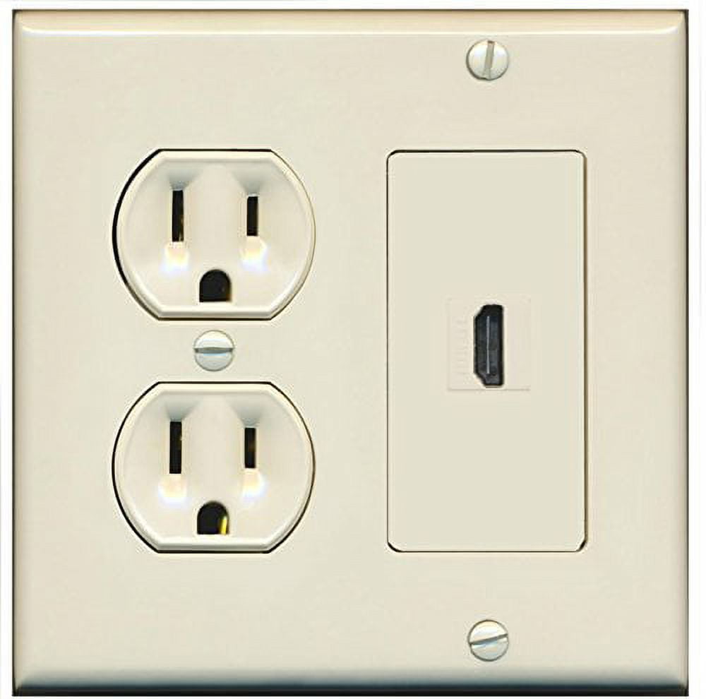 RiteAV (2 Gang Decorative) 15 Amp Round Power Outlet HDMI TV Wall Plate Light Almond