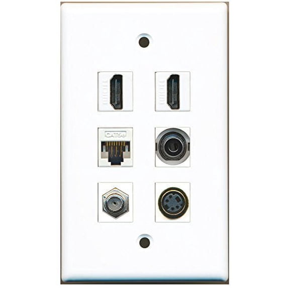 RiteAV - 2 HDMI 1 Port Coax Cable TV- F-Type 1 Port S-Video 1 Port 3.5mm 1 Port Cat5e Ethernet White Wall Plate