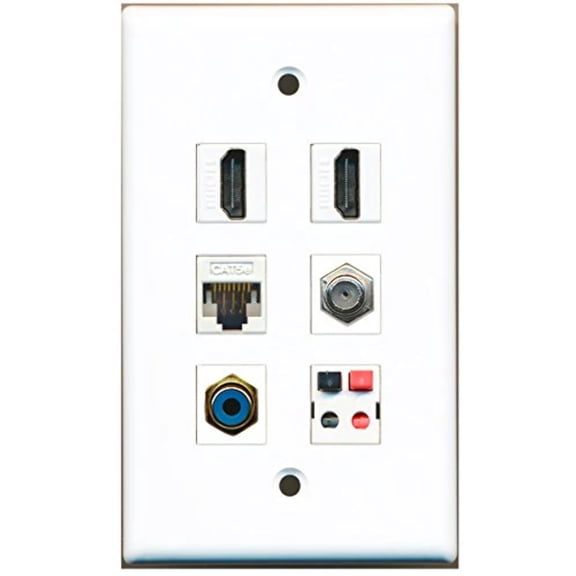 RiteAV - 2 HDMI 1 Port RCA Blue 1 Port Coax Cable TV- F-Type 1 Port Cat5e Ethernet White 1 Port Speaker Wall Plate
