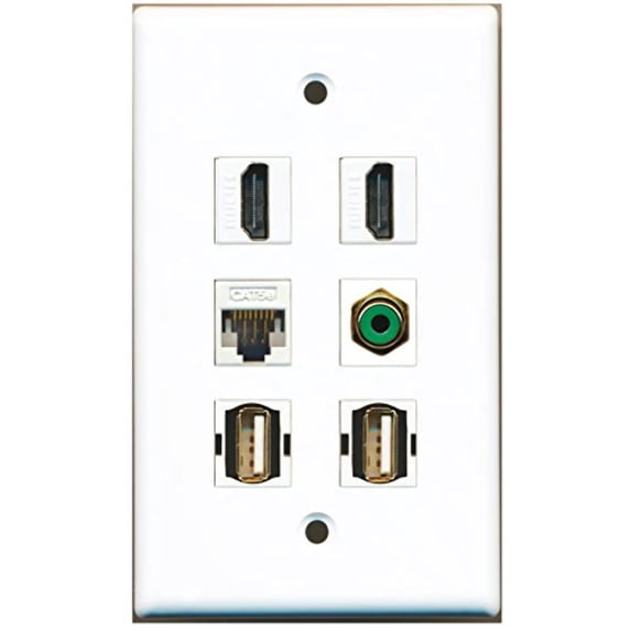 RiteAV - 2 HDMI 1 Port RCA Green 2 Port USB A-A 1 Port Cat5e Ethernet White Wall Plate