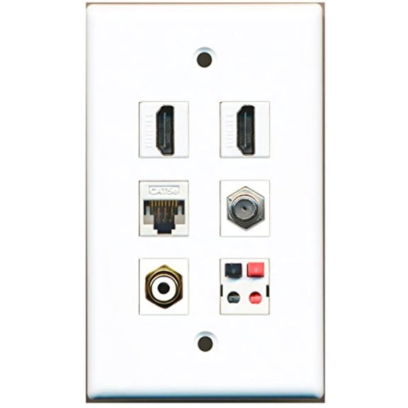 RiteAV - 2 HDMI 1 Port RCA White 1 Port Coax Cable TV- F-Type 1 Port Cat5e Ethernet White 1 Port Speaker Wall Plate