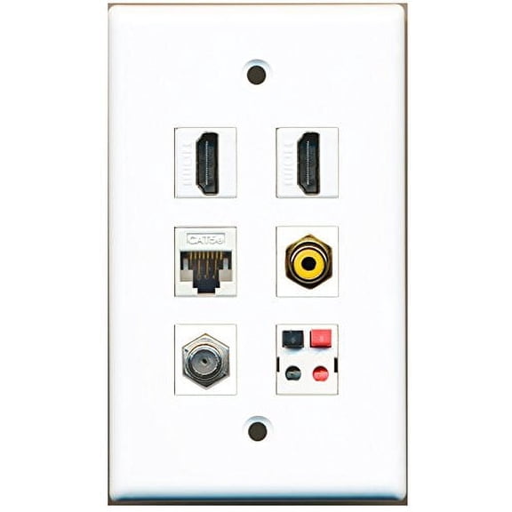 RiteAV - 2 HDMI 1 Port RCA Yellow 1 Port Coax Cable TV- F-Type 1 Port Cat5e Ethernet White 1 Port Speaker Wall Plate