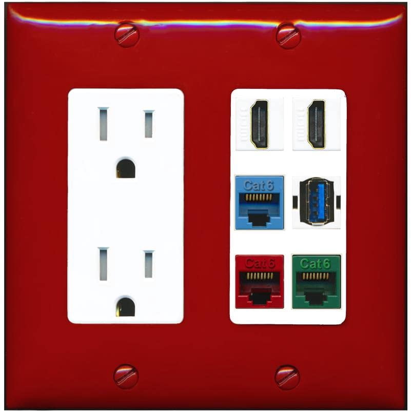 RiteAV 2 HDMI 3 Cat6 Ethernet USB3 Mixed Color Wall Plate - Tamper-Resistant Outlet [Red/White]
