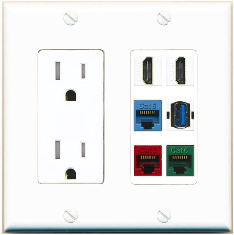 RiteAV 2 HDMI 3 Cat6 Ethernet USB3 Mixed Color Wall Plate - Tamper-Resistant Outlet [White/White]