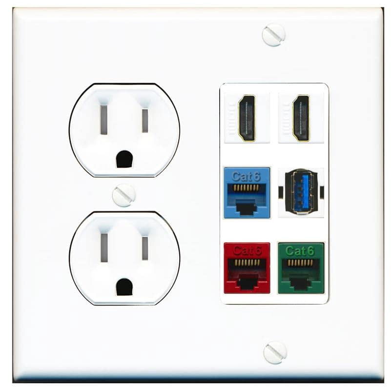 RiteAV 2 HDMI 3 Cat6 Ethernet USB3 Mixed Color Wall Plate - Tamper Resistant Round Outlet [White/White]