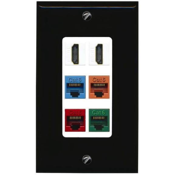 RiteAV 2 HDMI 4 Cat6 Ethernet Mixed Color Wall Plate - 1 Gang Decorative [Black/White]